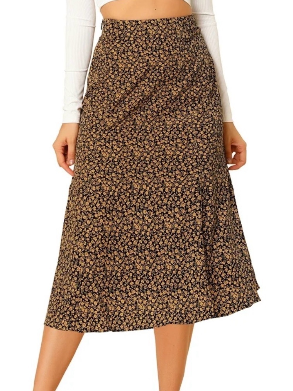 ALLEGRA K BLACK WITH BROWN FLORAL PRINT A-LINE SKIRT WOMENS SZ SMALL